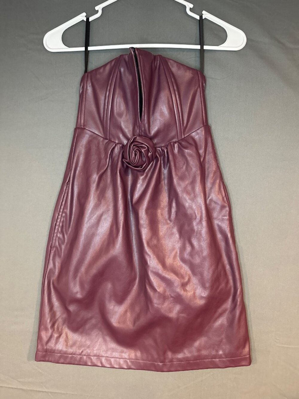 Women 2 Ashley Park Burgundy Faux Leather Strapless Dress Rosette Y2K Party